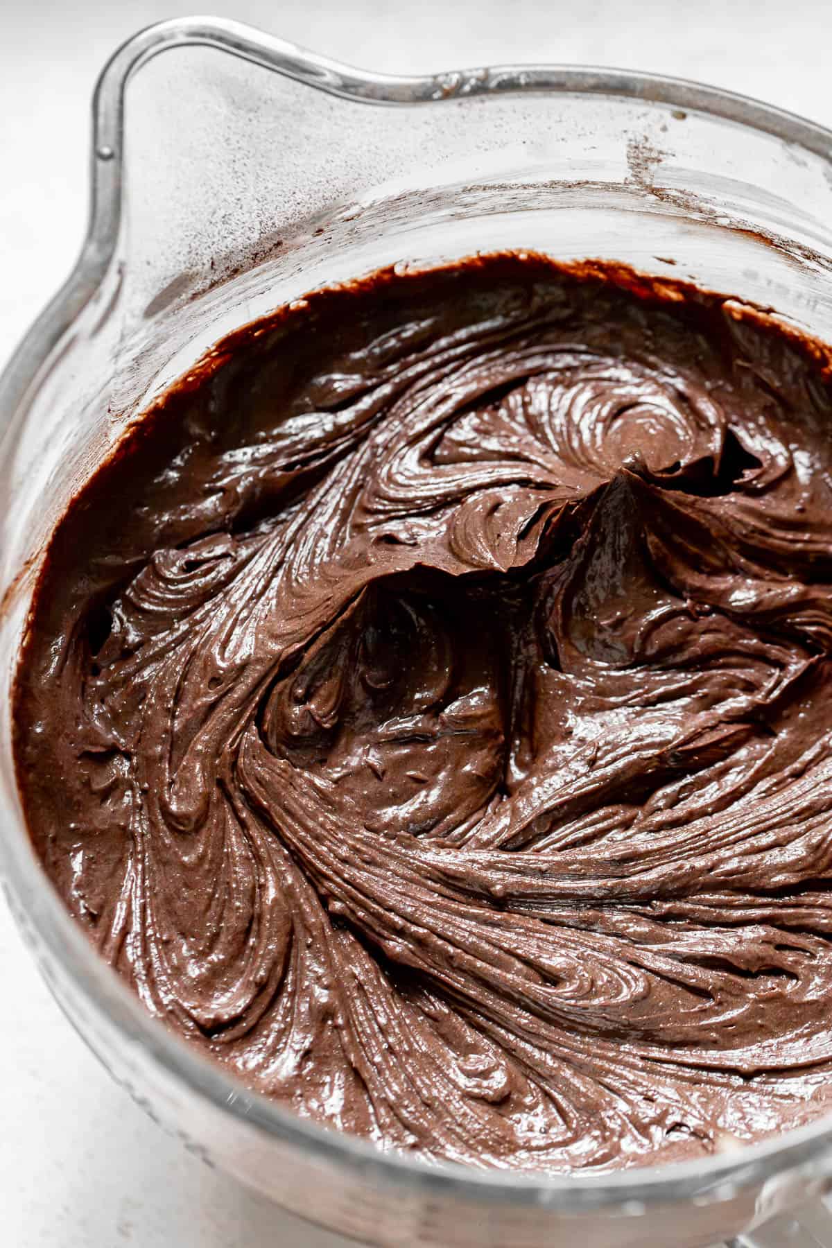 chocolate peppermint cake batter in mixing bowl.