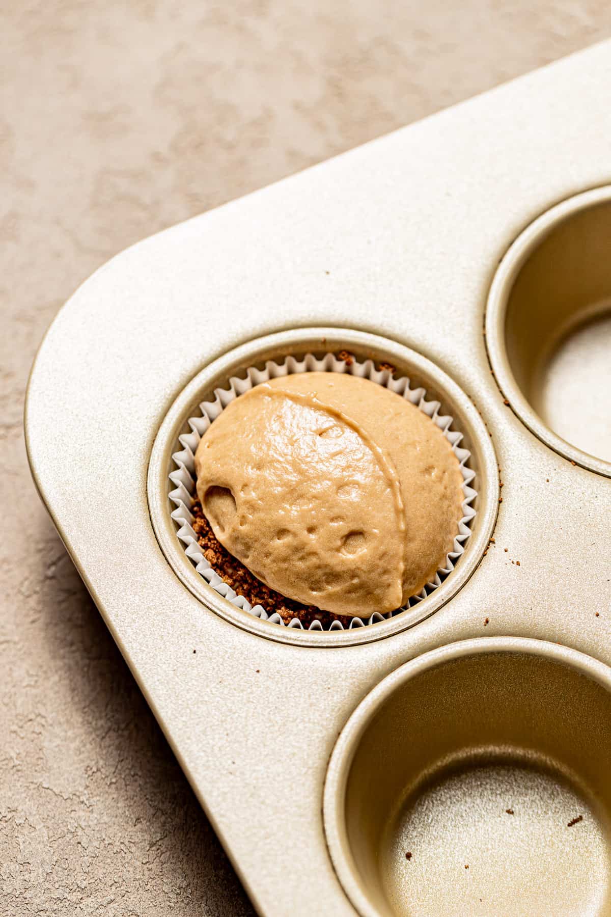 muffin batter scooped into paper liners in muffin tin.