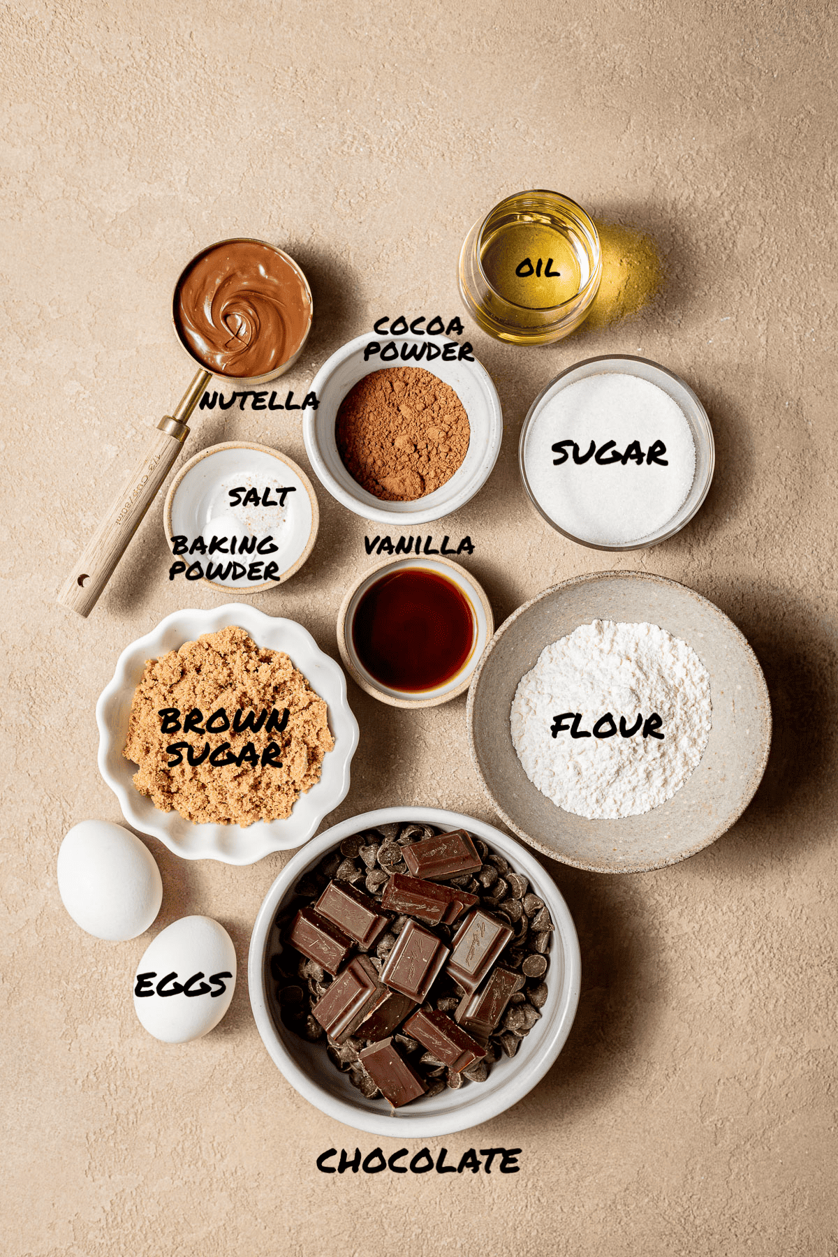 ingredients for chocolate Nutella cookies.