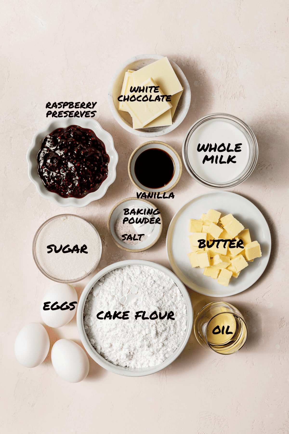 ingredients for white chocolate raspberry cupcakes.
