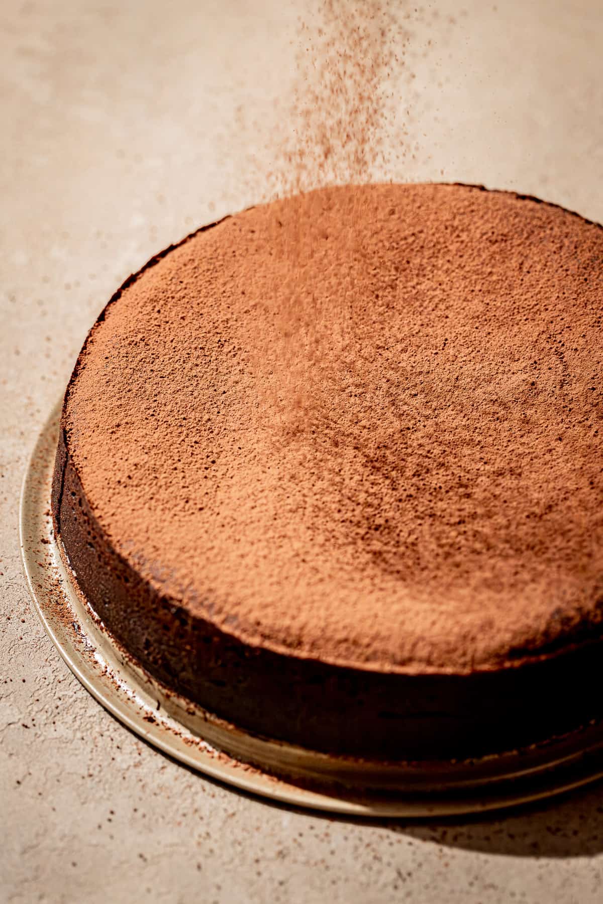 red wine chocolate cake on base of cake pan with cocoa powder dusted on top.