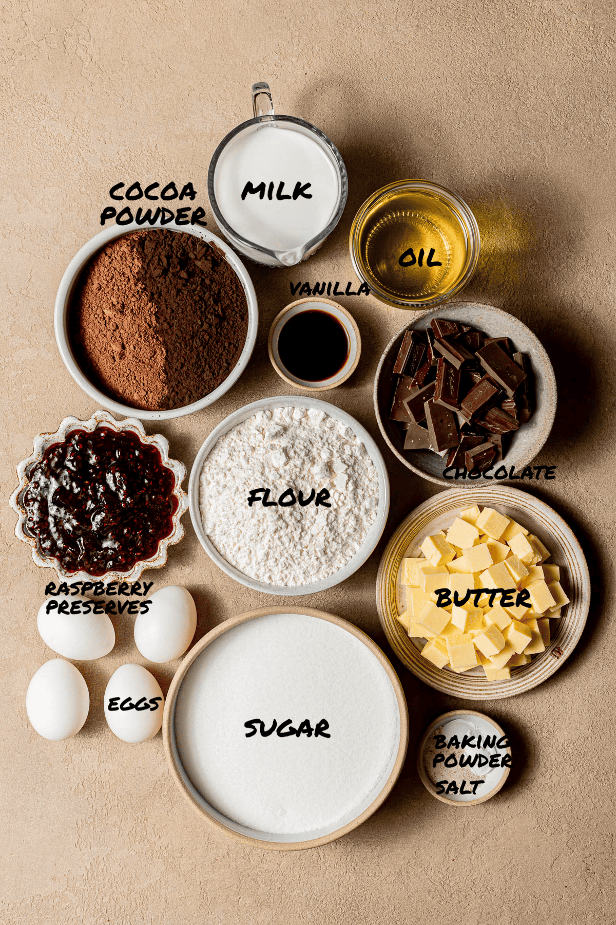 ingredients for chocolate raspberry cake.