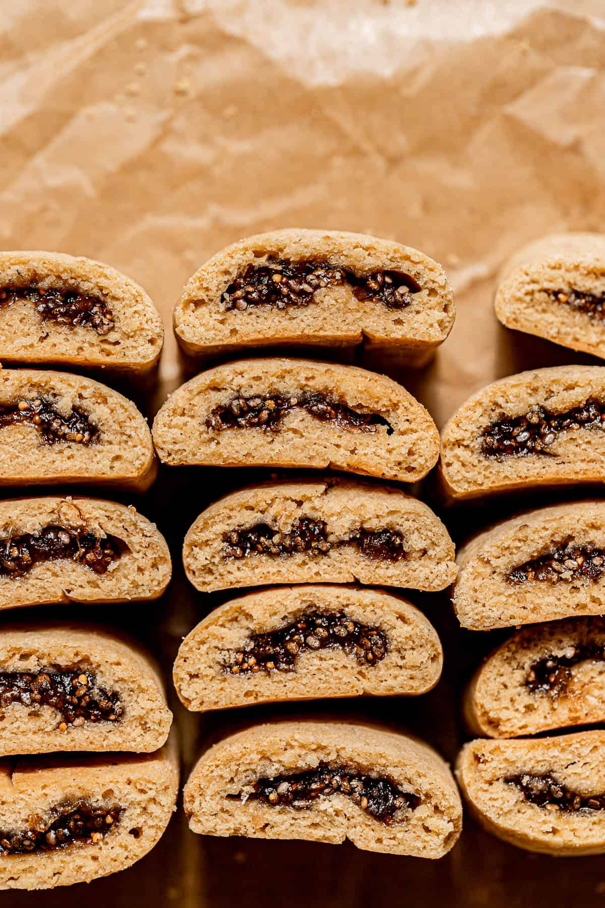 fig cookies lined up to show inside filling.