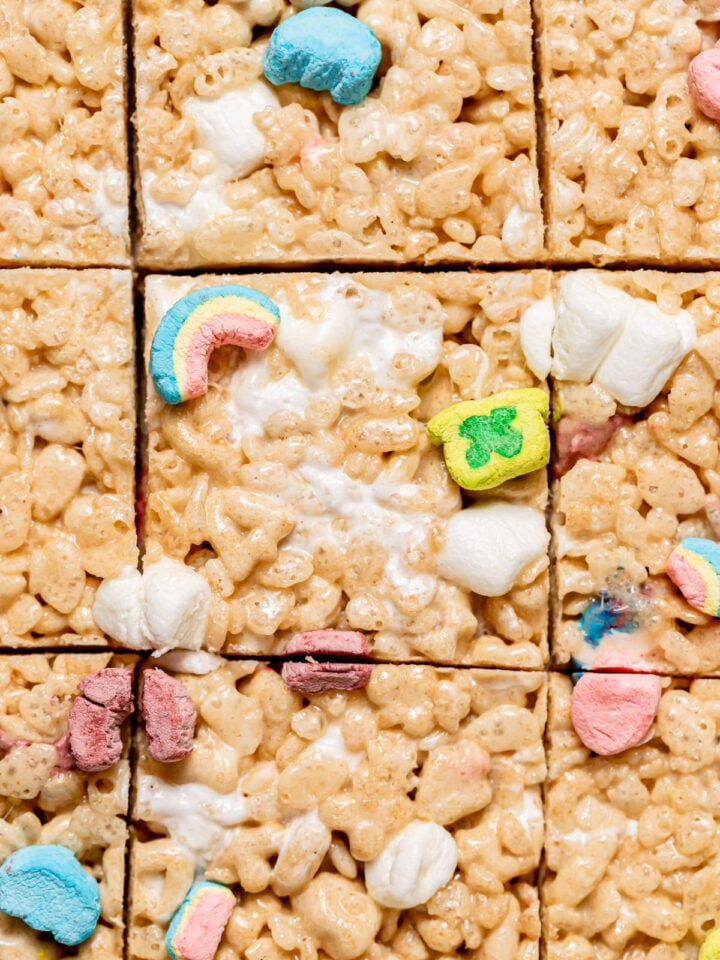 Lucky Charms Rice Krispie Treats cut into squares.