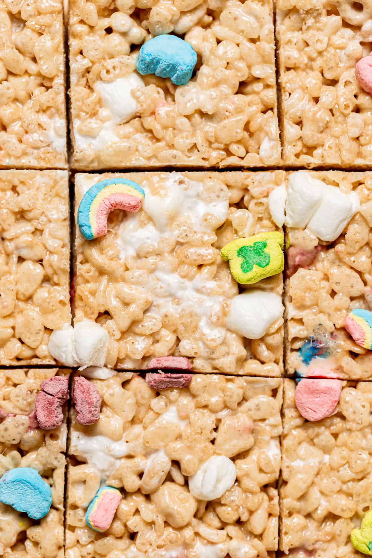 Lucky Charms Rice Krispie Treats cut into squares.