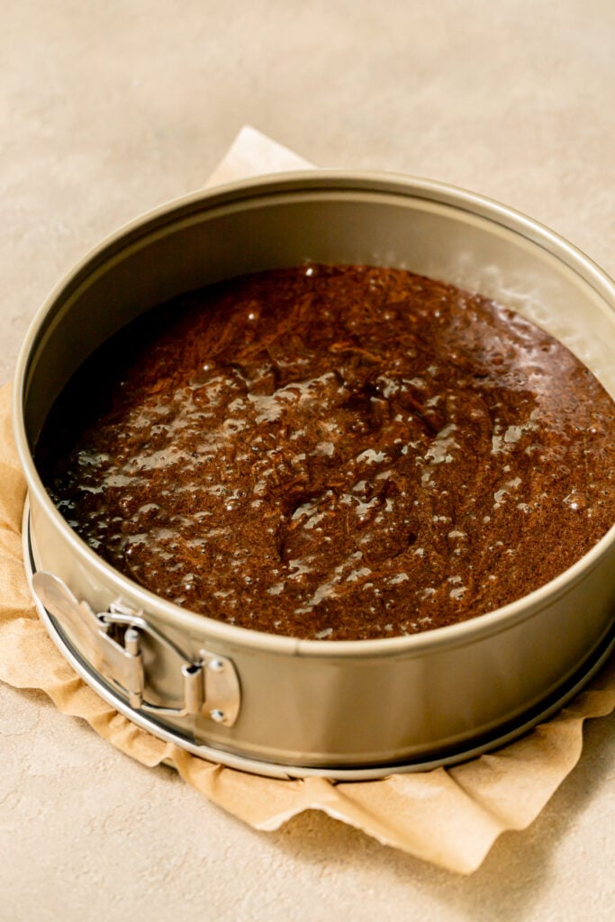 cake batter in pan.