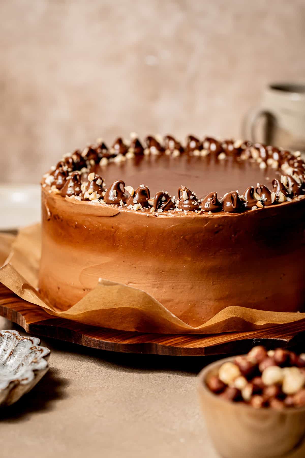 banana nutella cake on wooden plate.