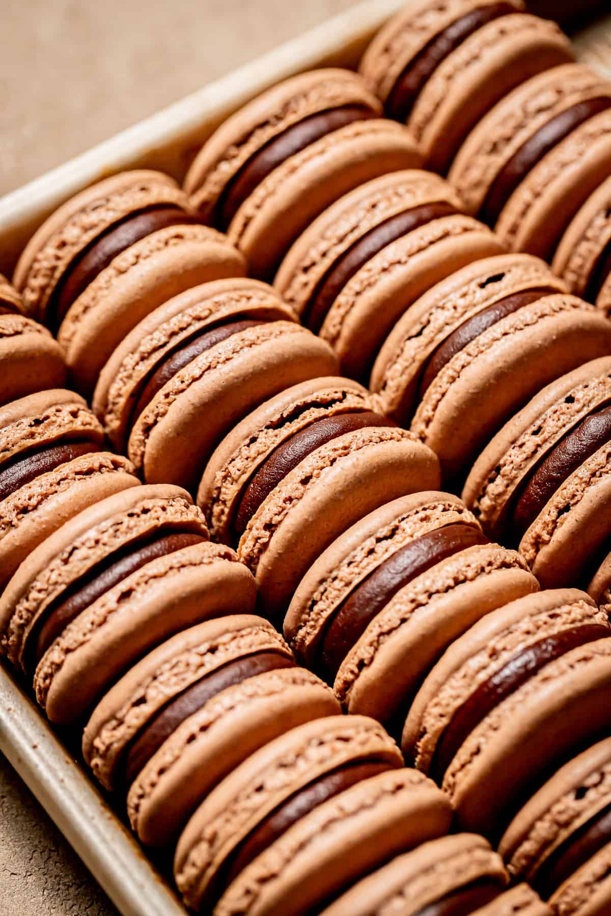 double chocolate macarons lined up on baking sheet.