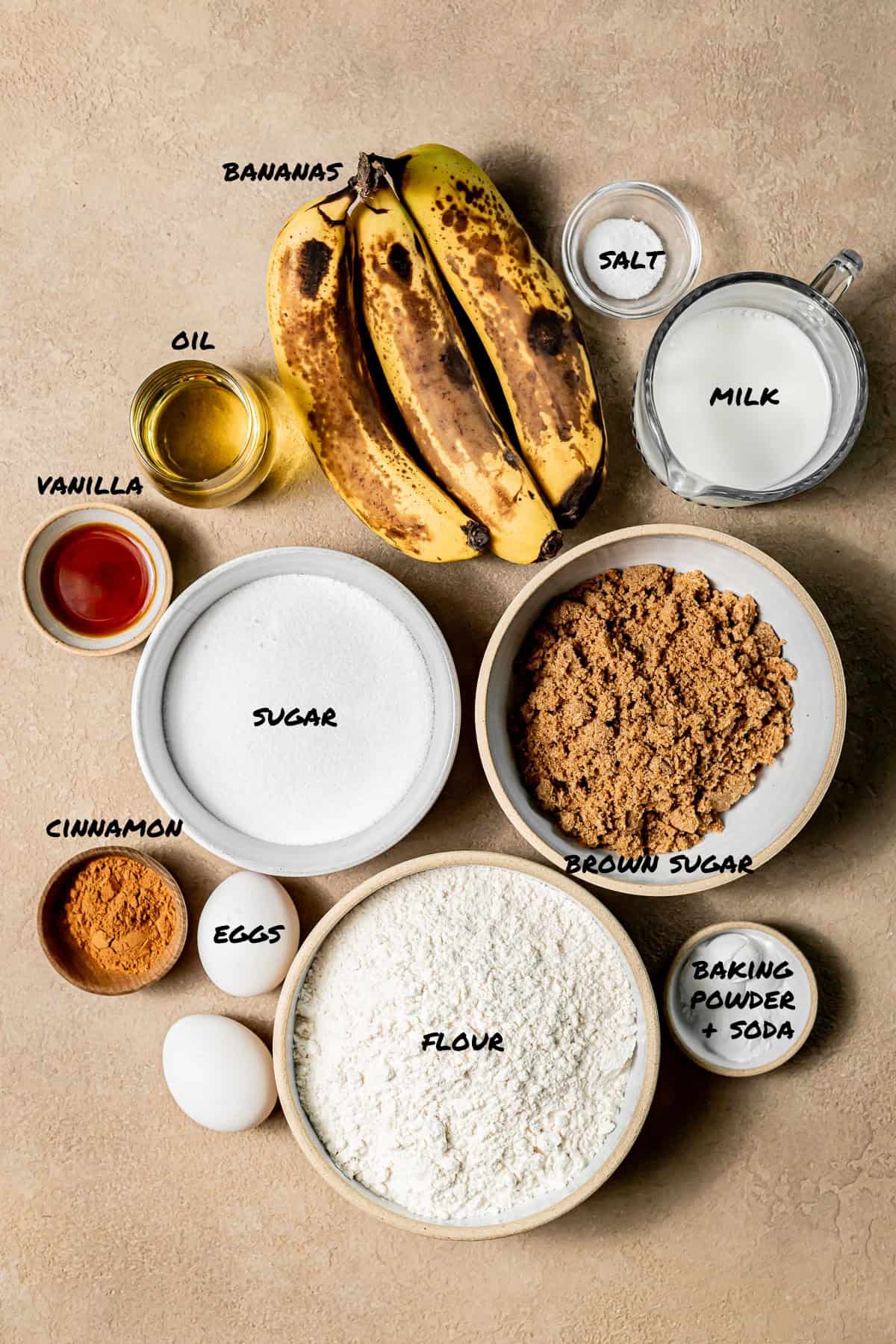 ingredients for banana nutella cake. 