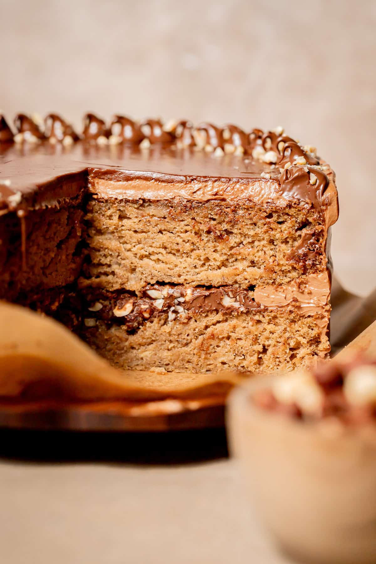 cross section of banana nutella cake. 