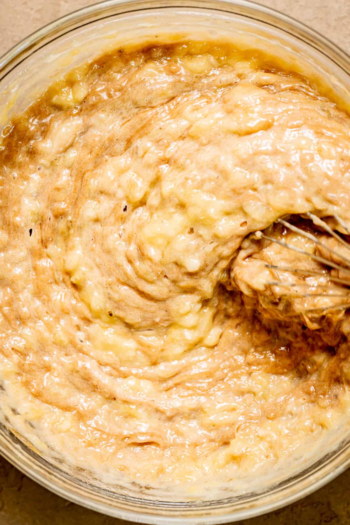 banana cake batter in bowl. 