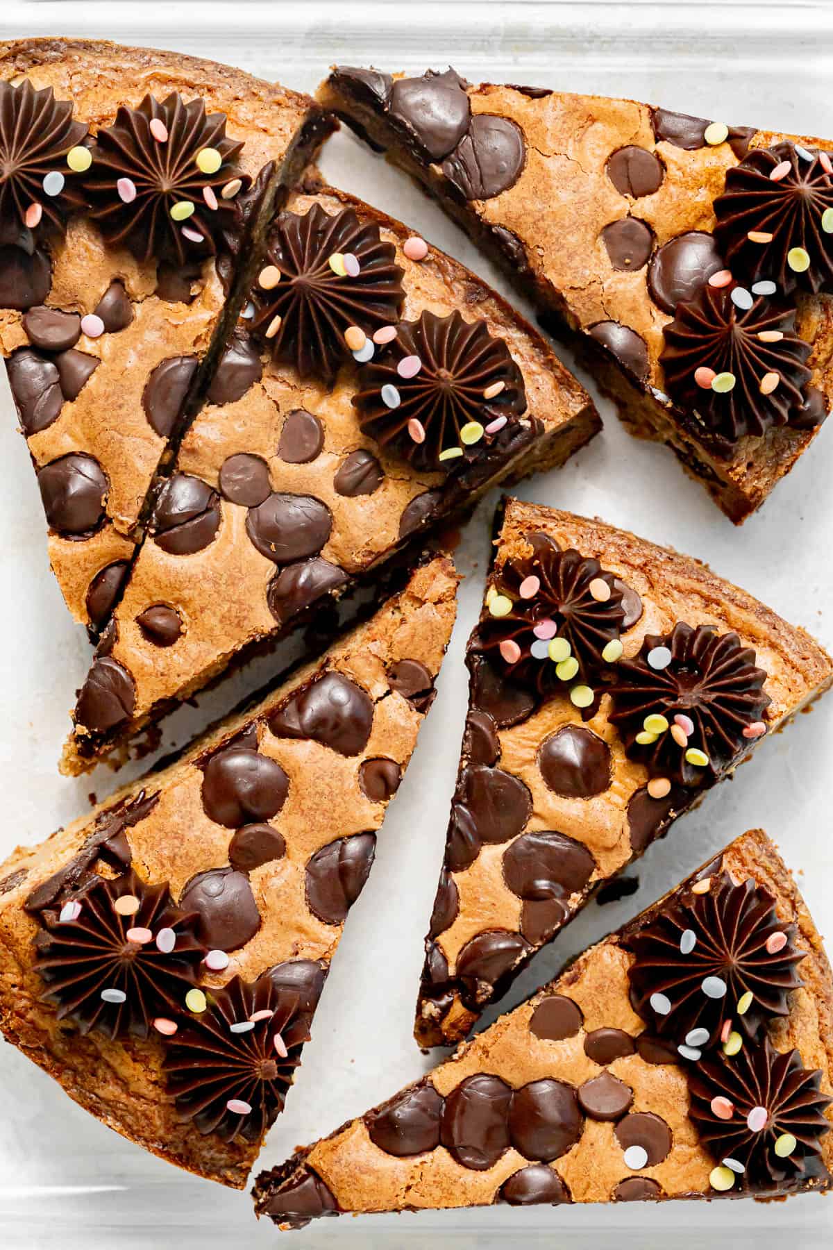 slices of chocolate chip cookie cake.