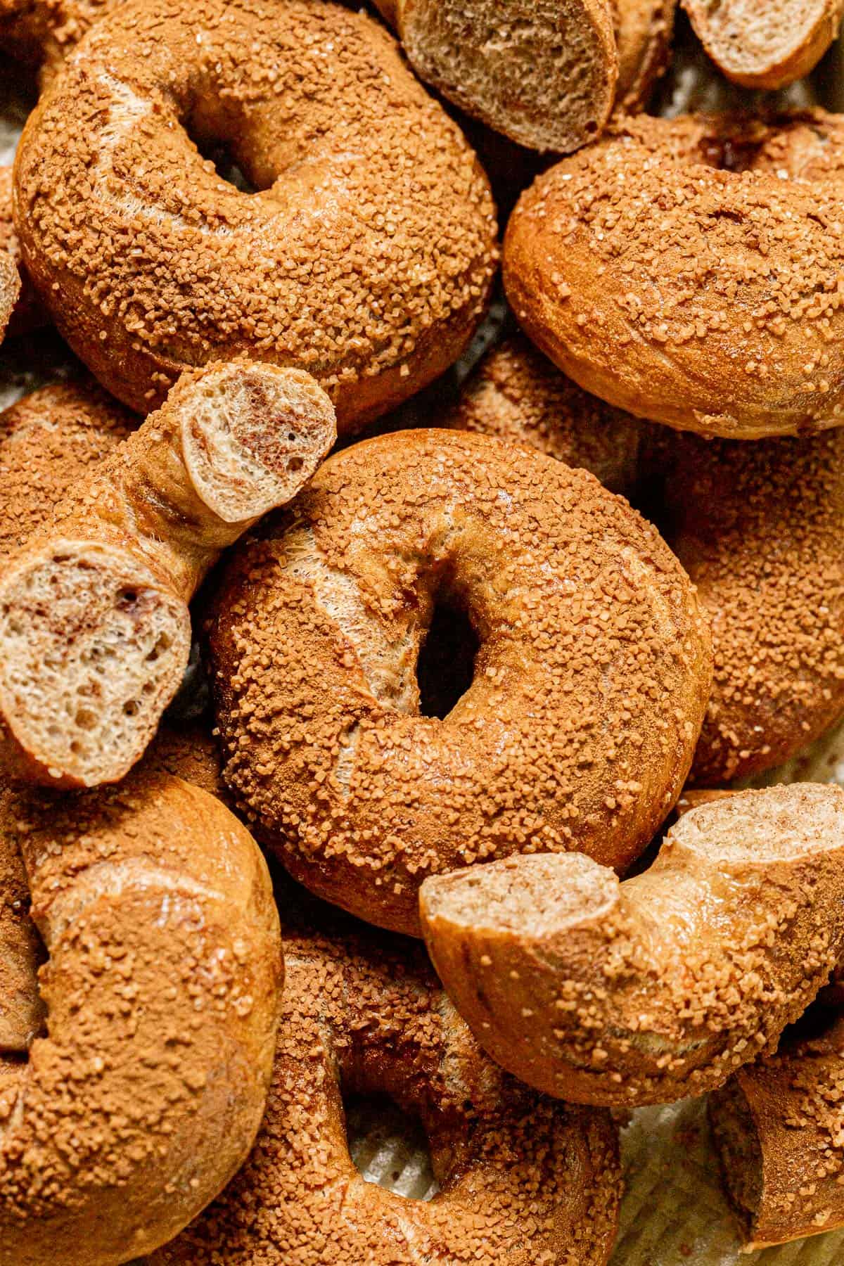 cinnamon swirl bagels on baking sheet.