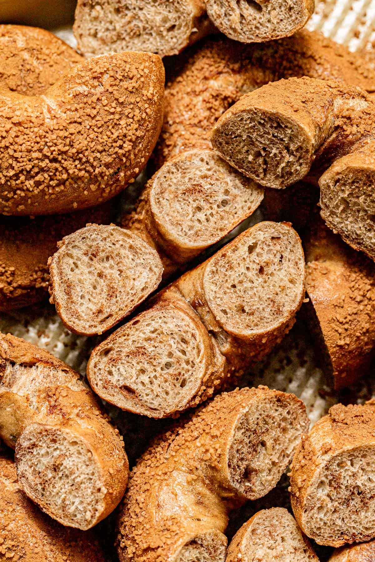 Cinnamon Swirl Bagels cut in half.