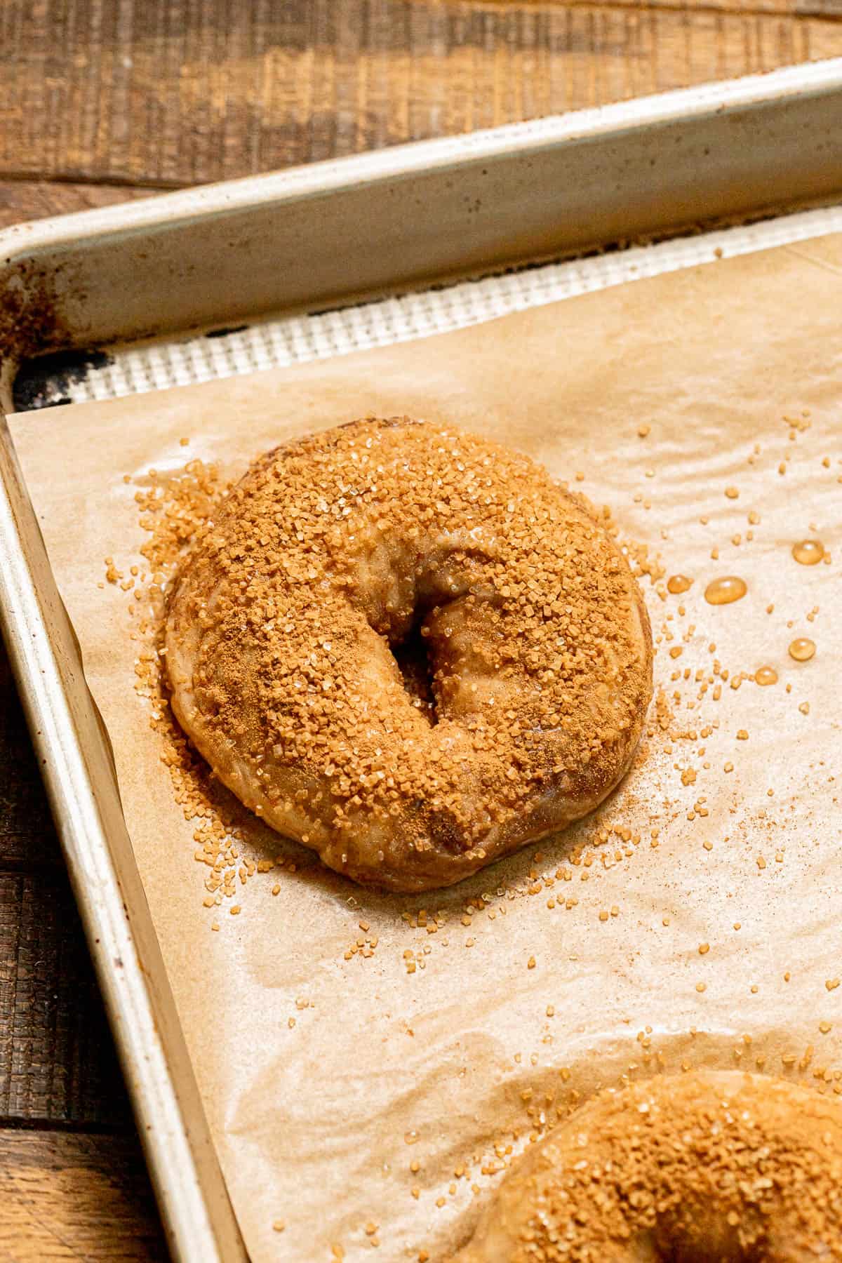 Cinnamon Swirl Bagel on baking sheet before baking.