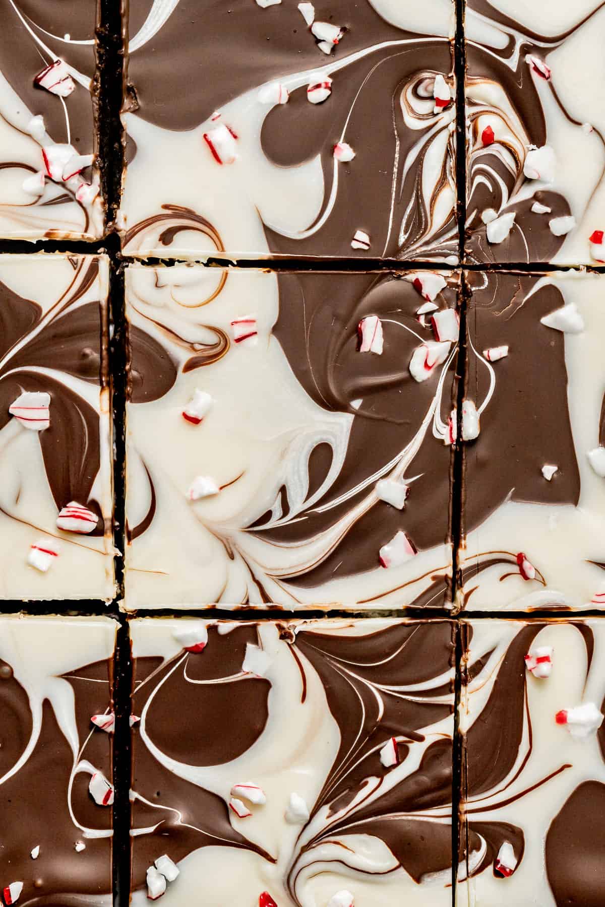 Peppermint Bark Brownies cut into squares. 