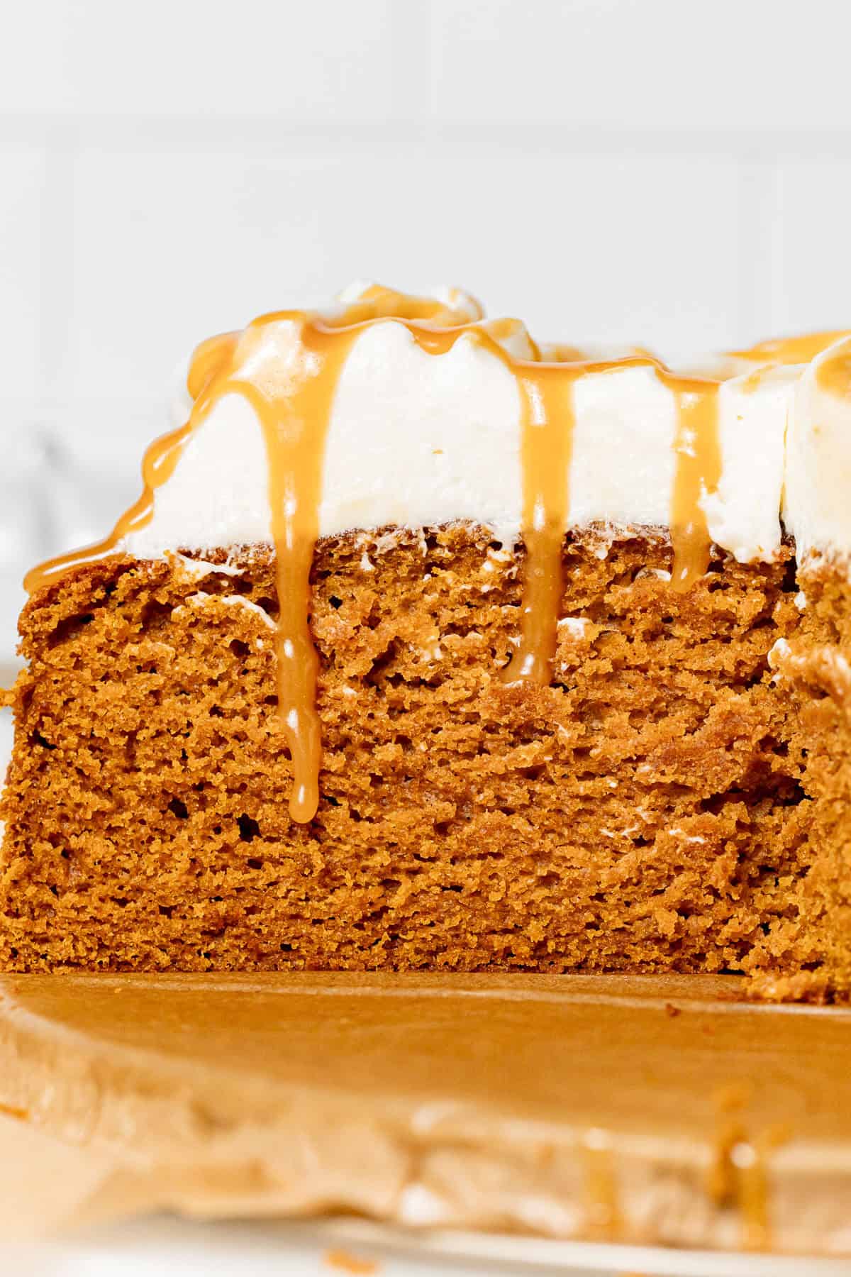 cross section of salted caramel pumpkin cake.