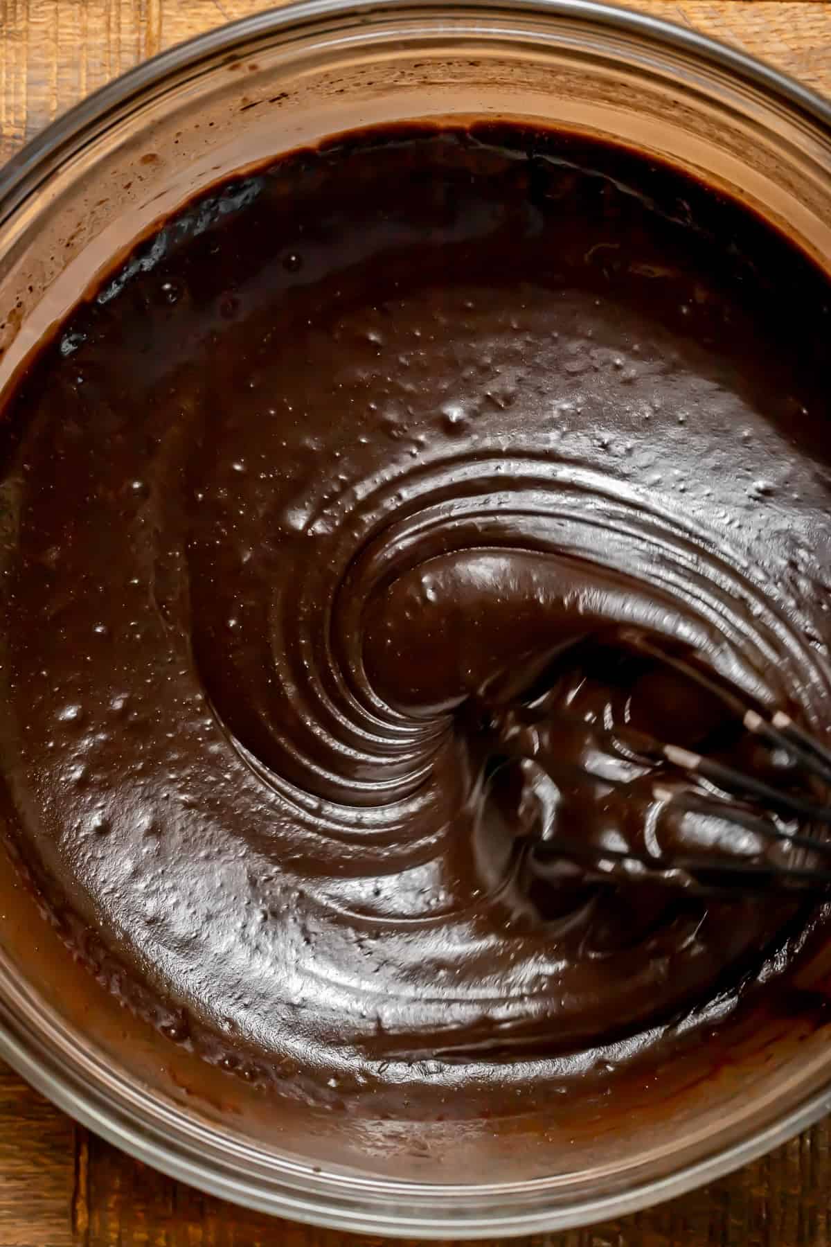 chocolate cake batter in bowl.