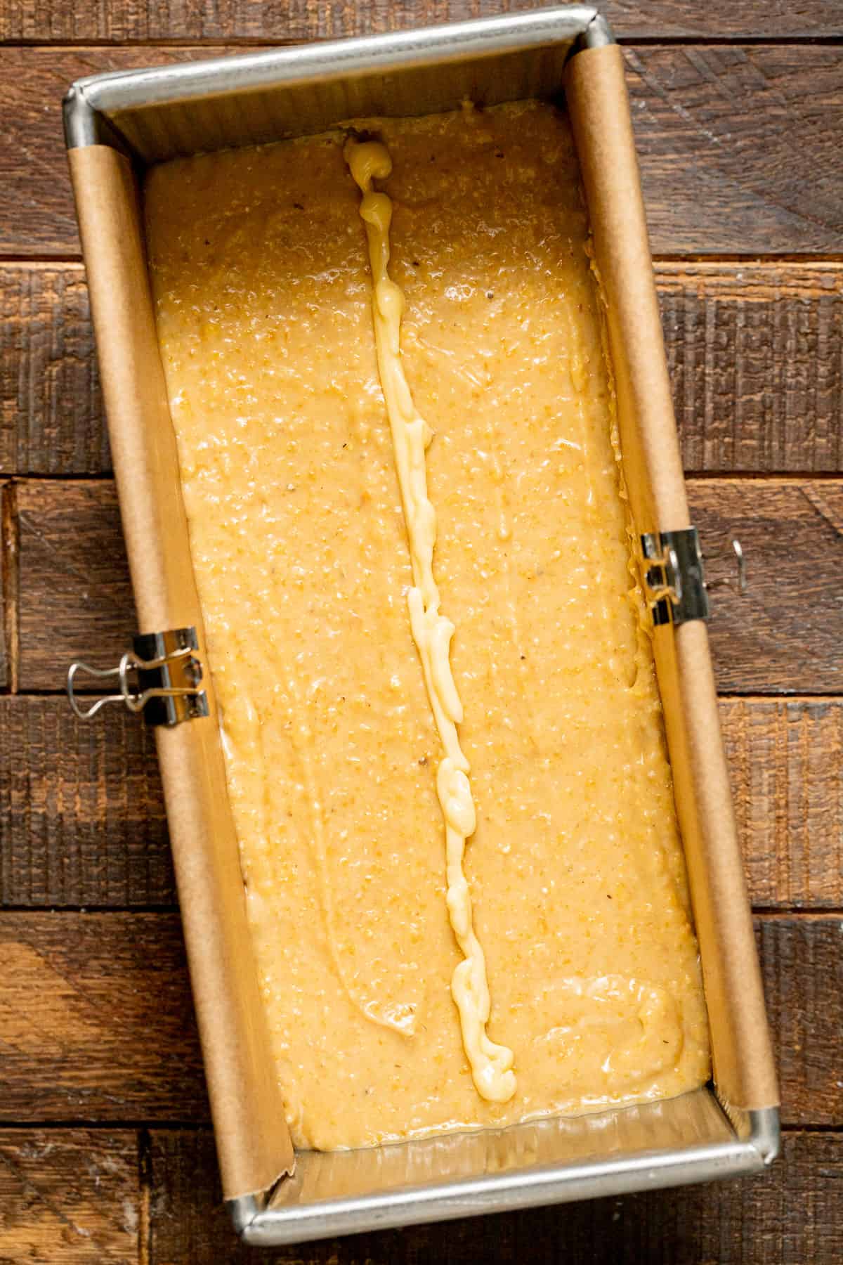 cornbread batter in loaf pan.