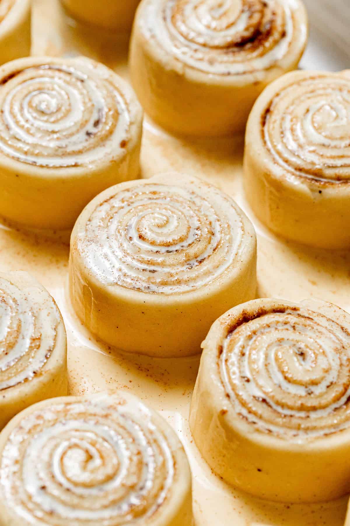 proofed Eggnog Cinnamon Rolls with eggnog poured on top in pan.