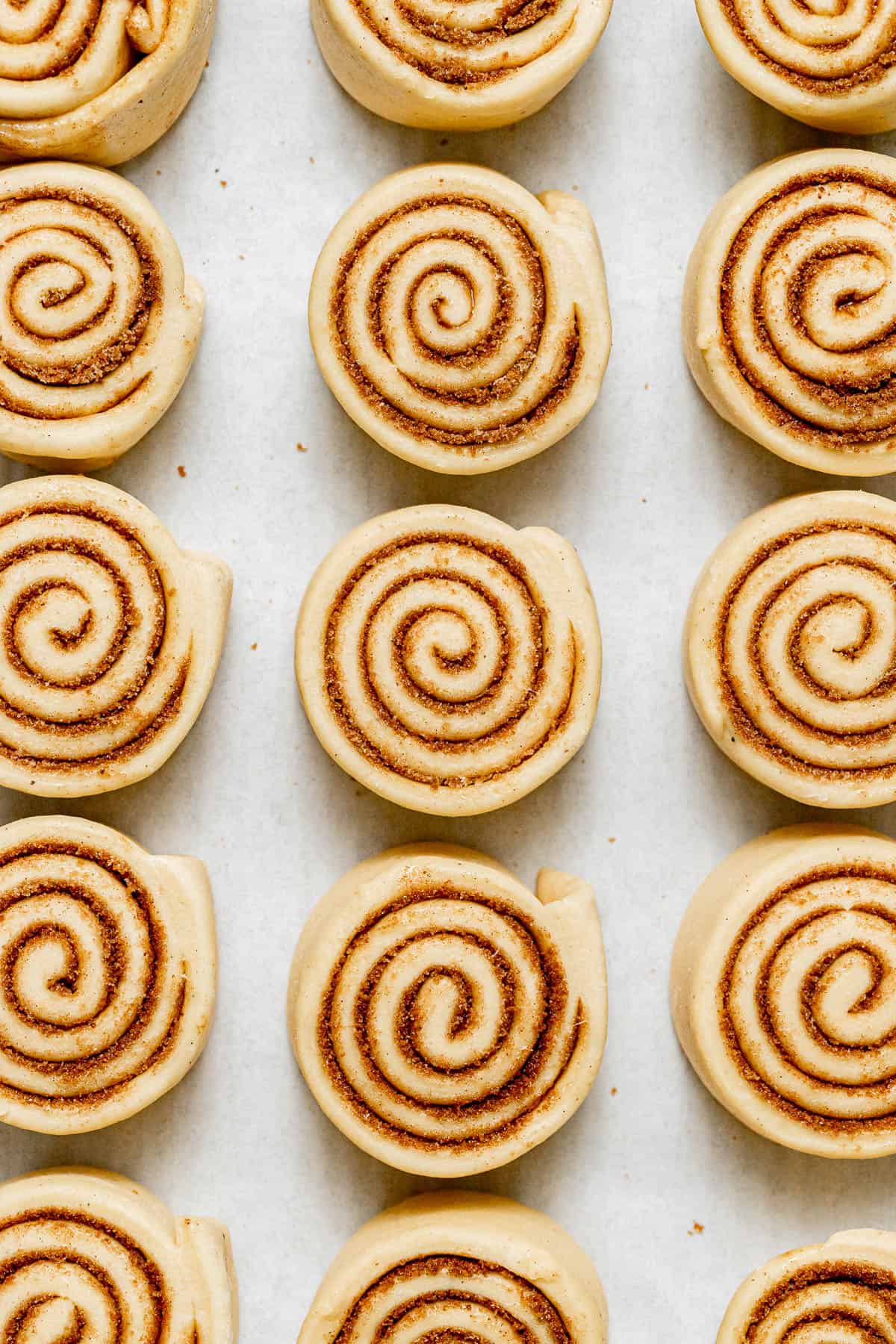 assembled eggnog cinnamon rolls in pan.