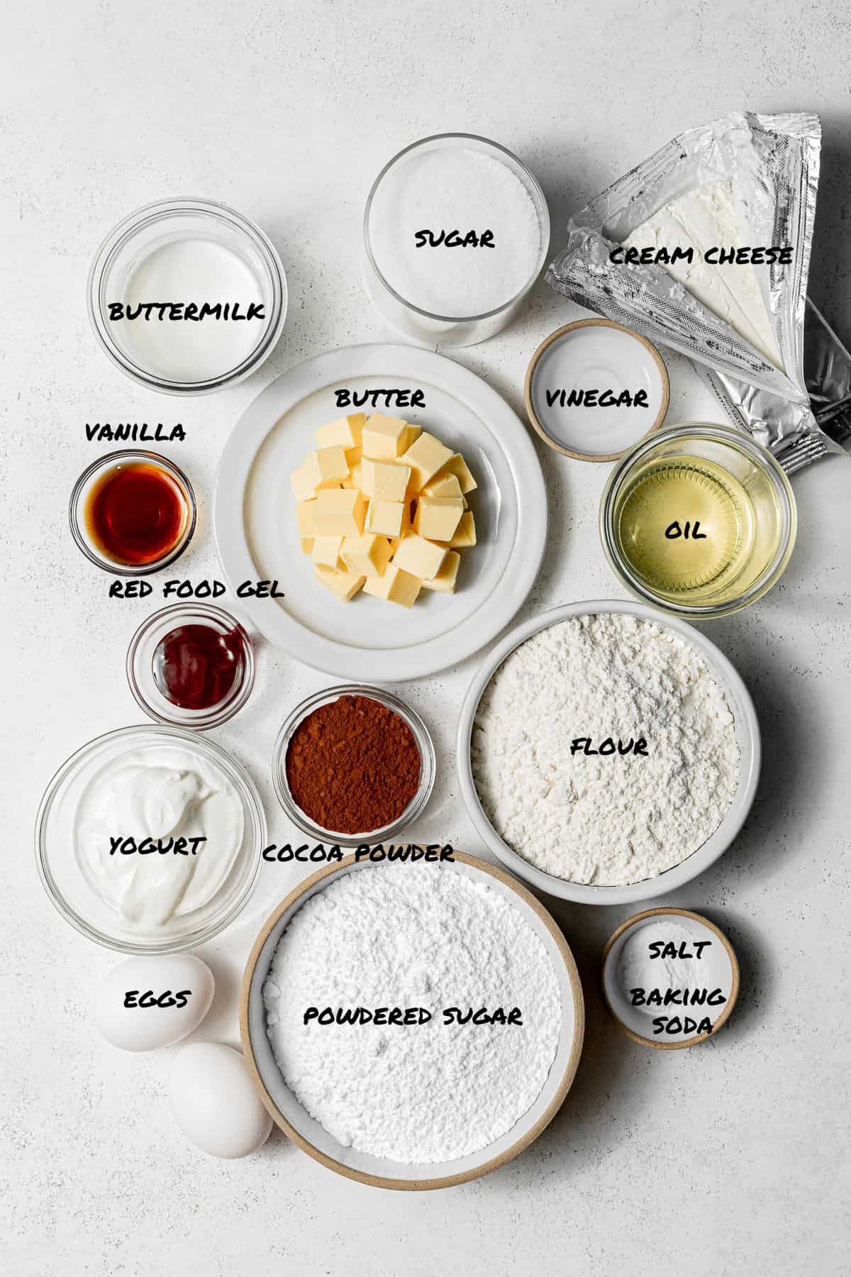 ingredients for red velvet cake.