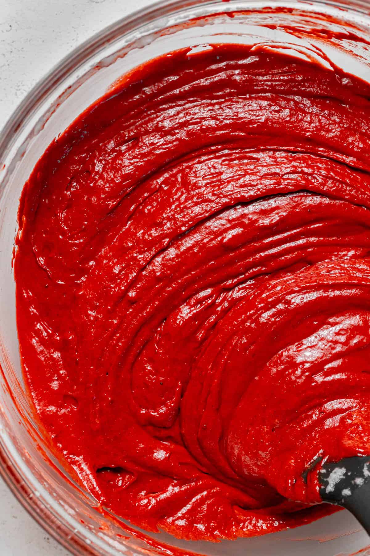 finished red velvet cake batter in bowl.