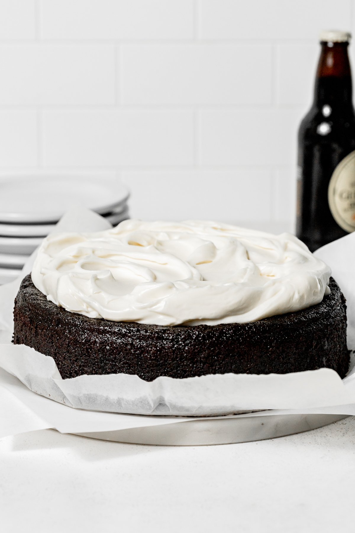 Chocolate Guinness Cake on marble platter.