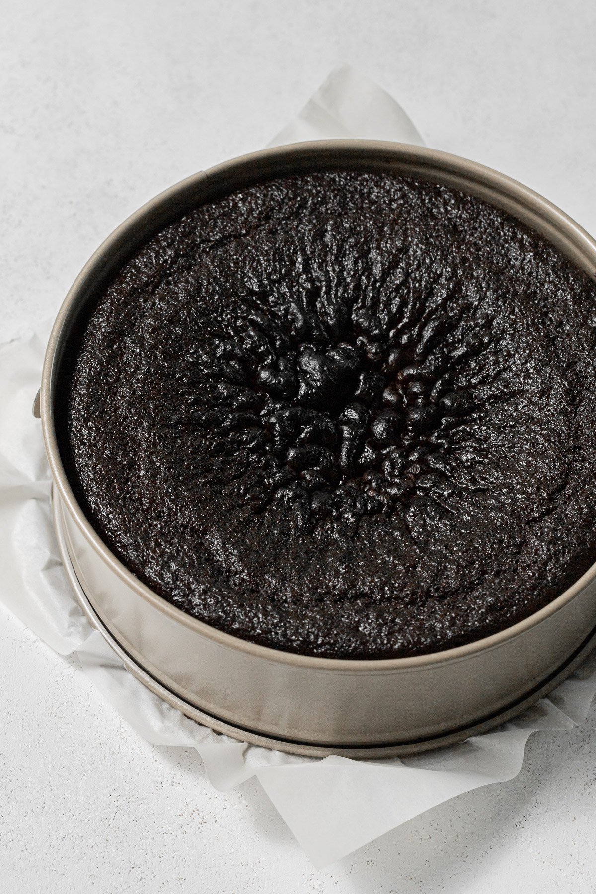 baked Chocolate Guinness Cake in springform pan.