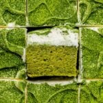 matcha cake cut into squares.