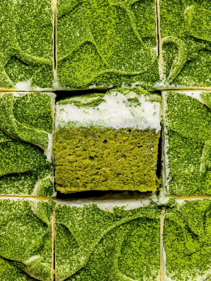 matcha cake cut into squares.