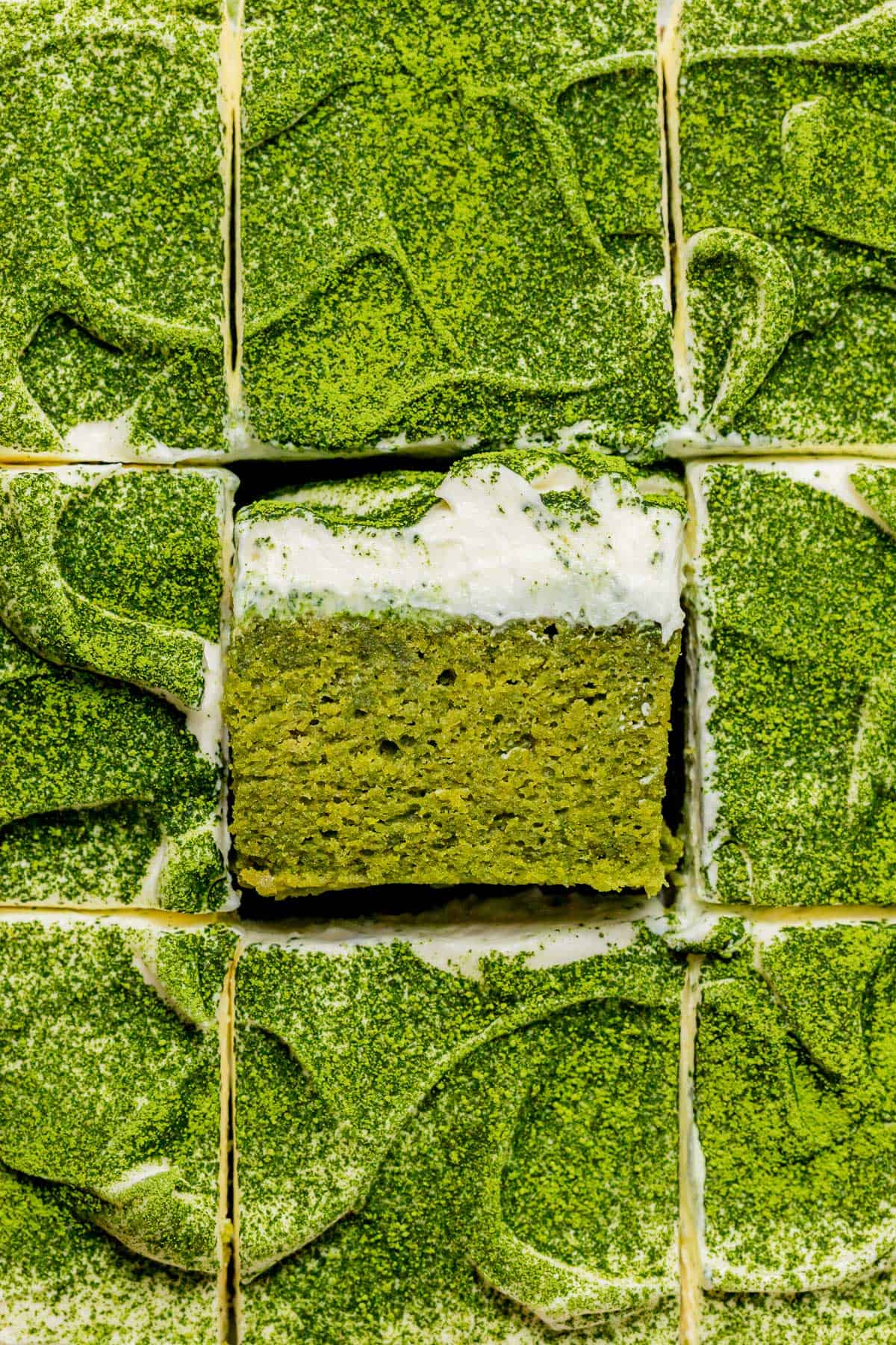 matcha cake cut into squares.