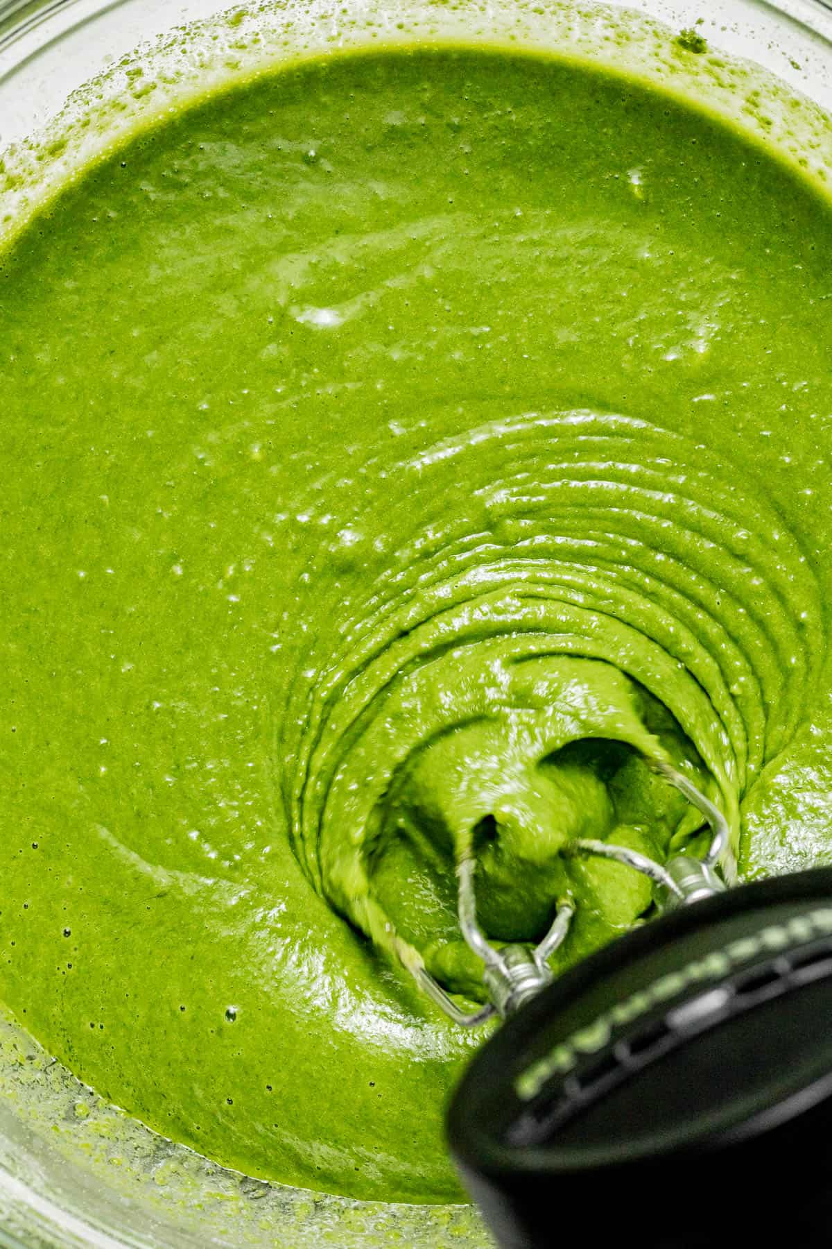 matcha cake batter in bowl. 