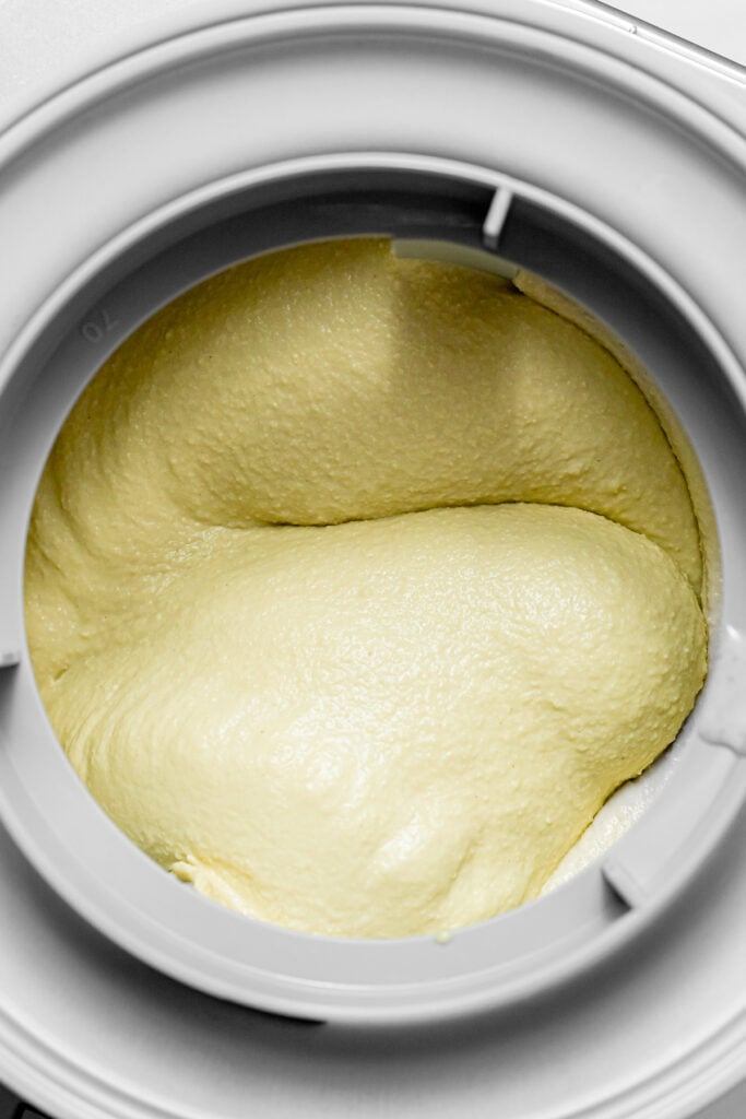 Sicilian Pistachio Ice Cream in ice cream maker. 