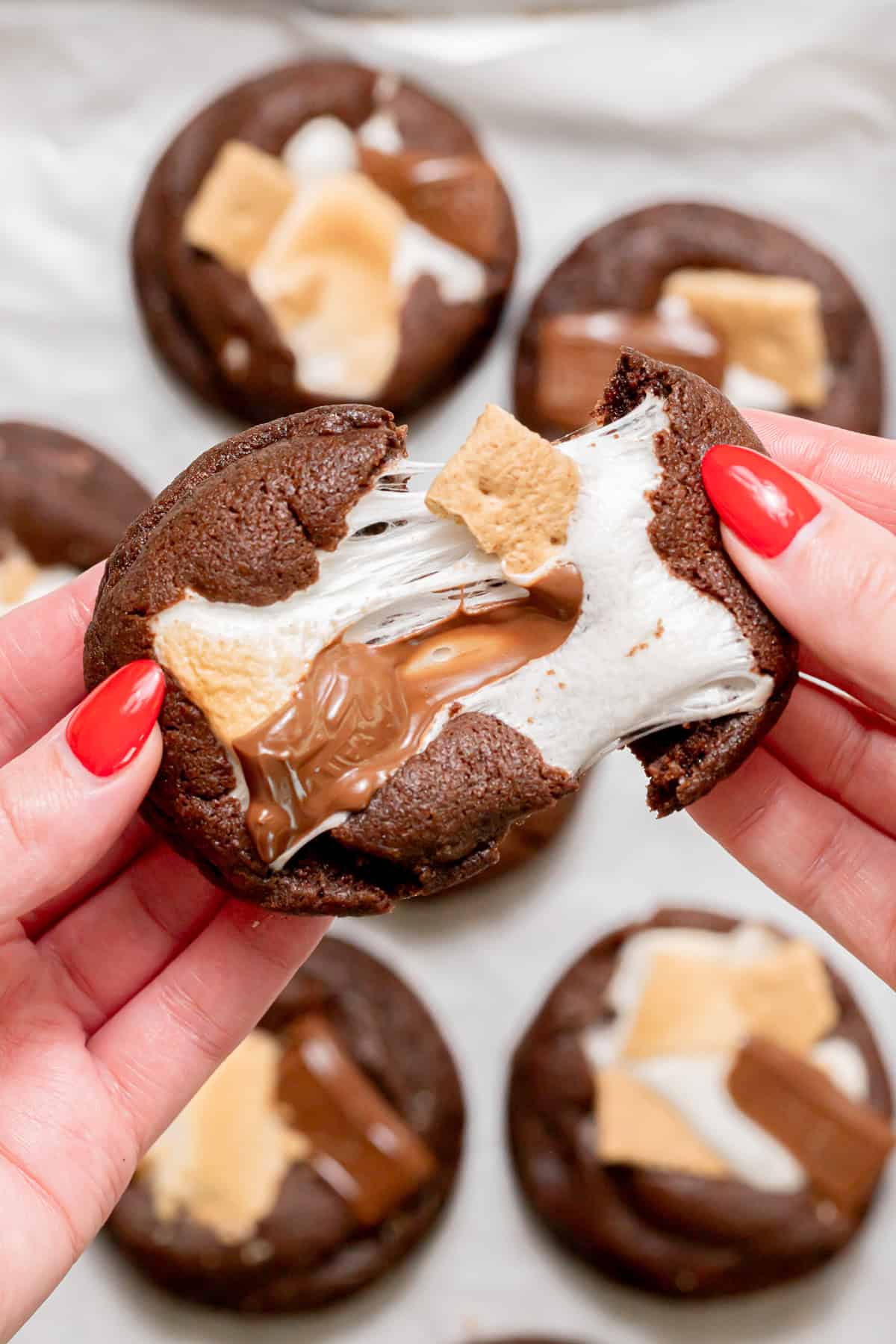 s'mores cookie being pulled apart.