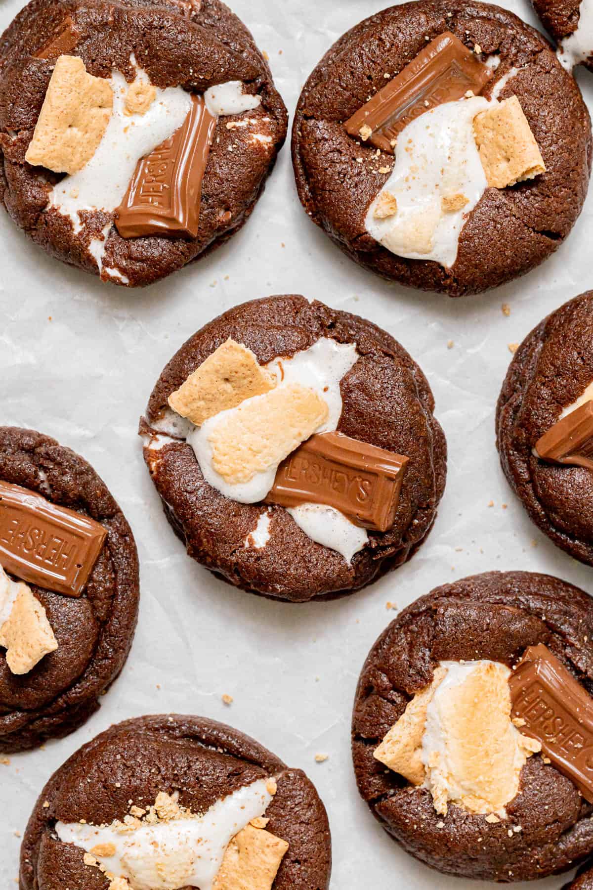 double chocolate s'mores cookies on parchment. 