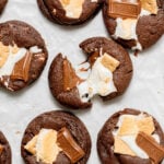 double chocolate s'mores cookies on baking sheet.