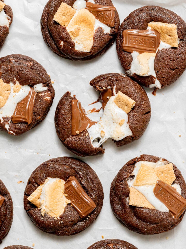 double chocolate s'mores cookies on baking sheet.