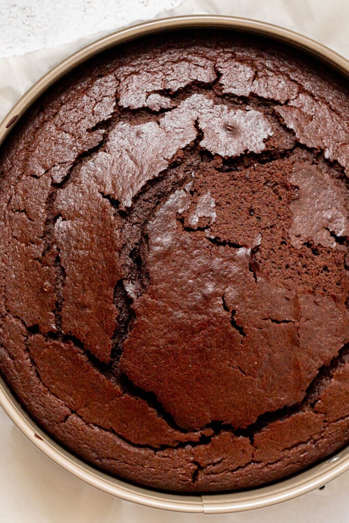 baked chocolate cake in pan.
