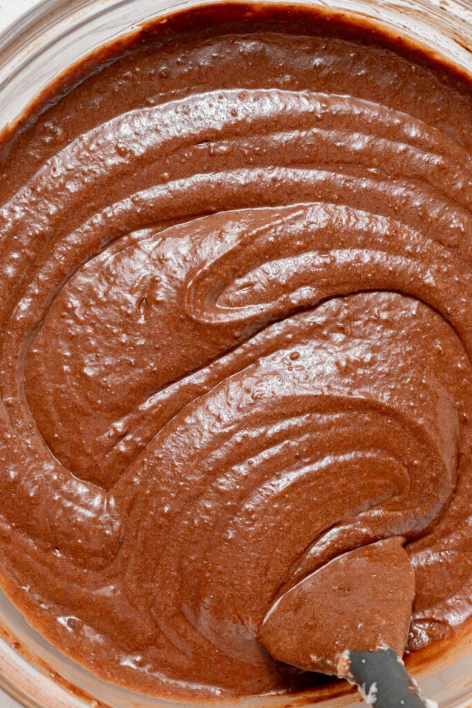 chocolate cake batter in bowl.