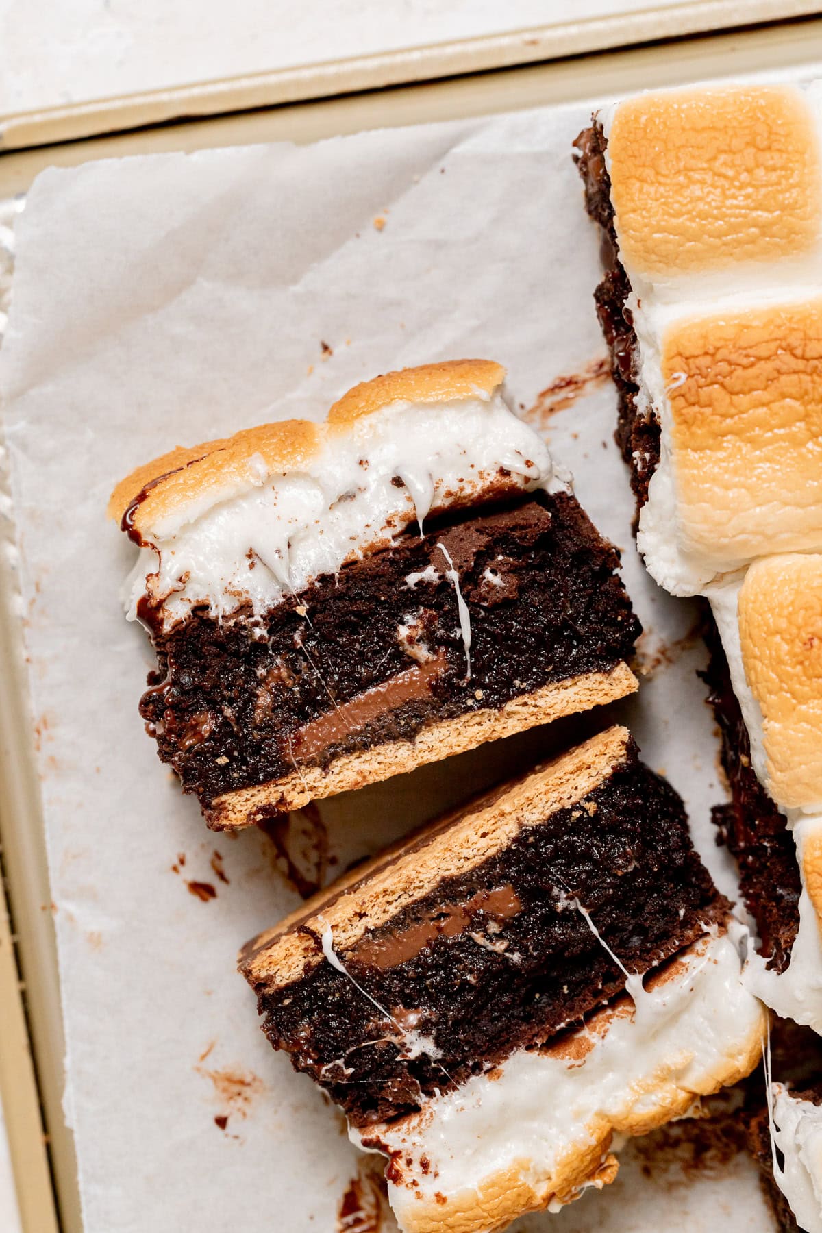 s'mores brownie cut in half. 