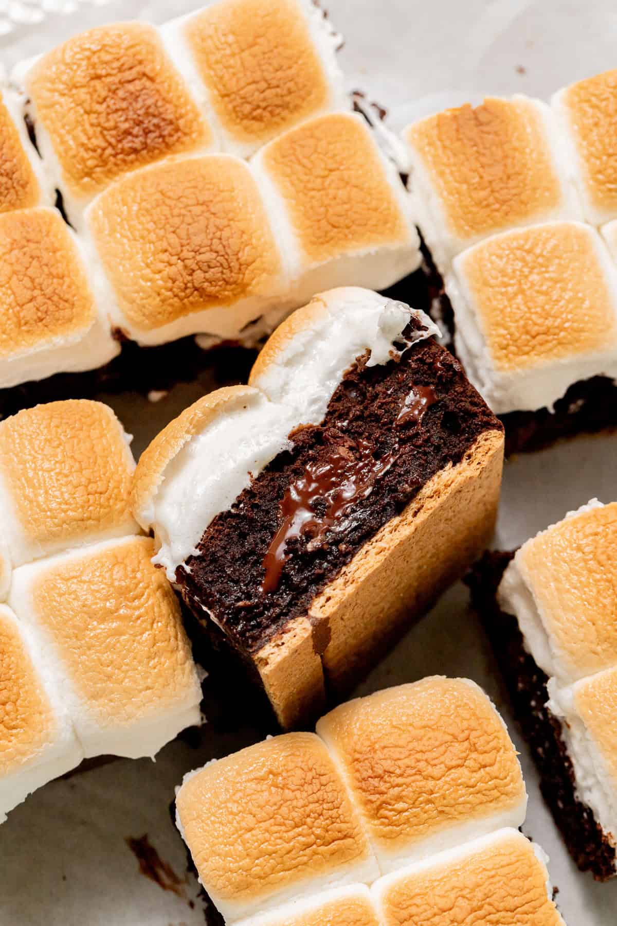 s'mores brownie facing up on parchment paper. 