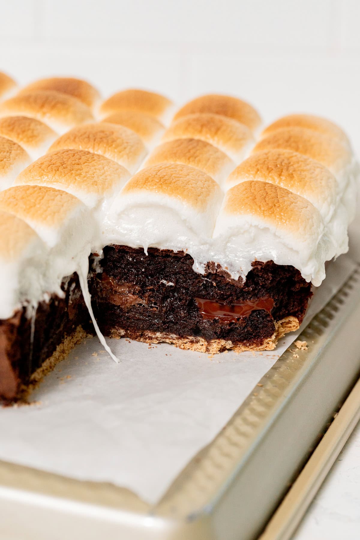 cross section of s'mores brownies.