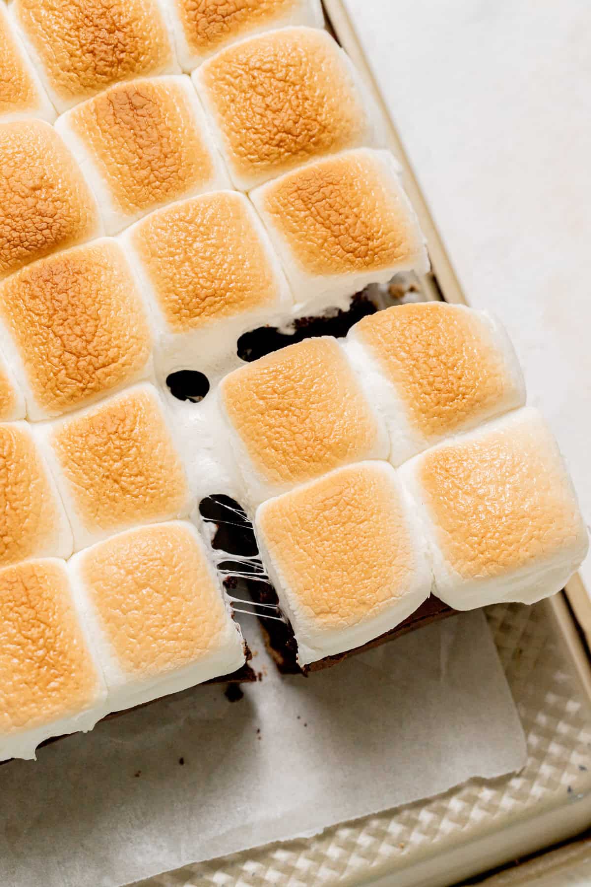 s'mores brownie pulled away to stretch marshmallow. 