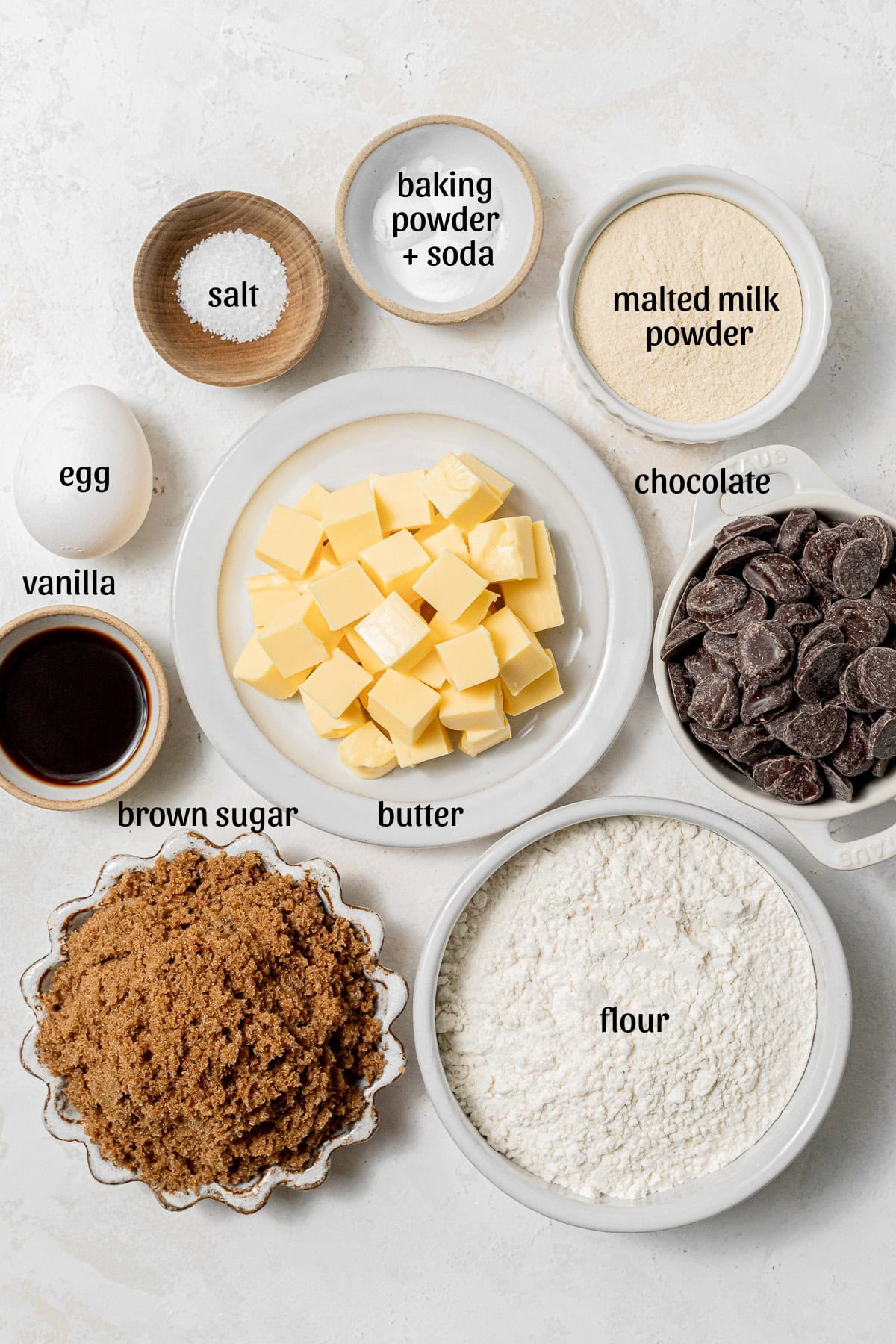ingredients for Bakery-Style Chocolate Chip Cookies.