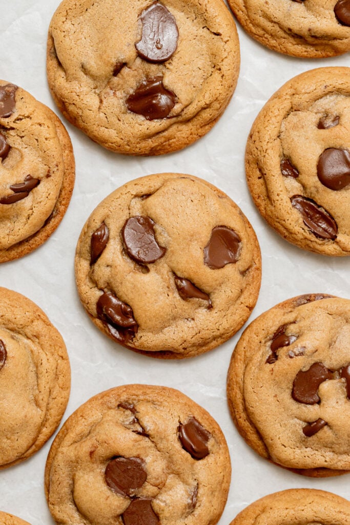 Bakery-Style Chocolate Chip Cookies on baking sheet.