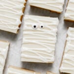 mummy white chocolate brownies on parchment paper.