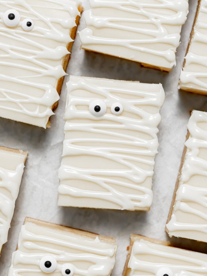 mummy white chocolate brownies on parchment paper.
