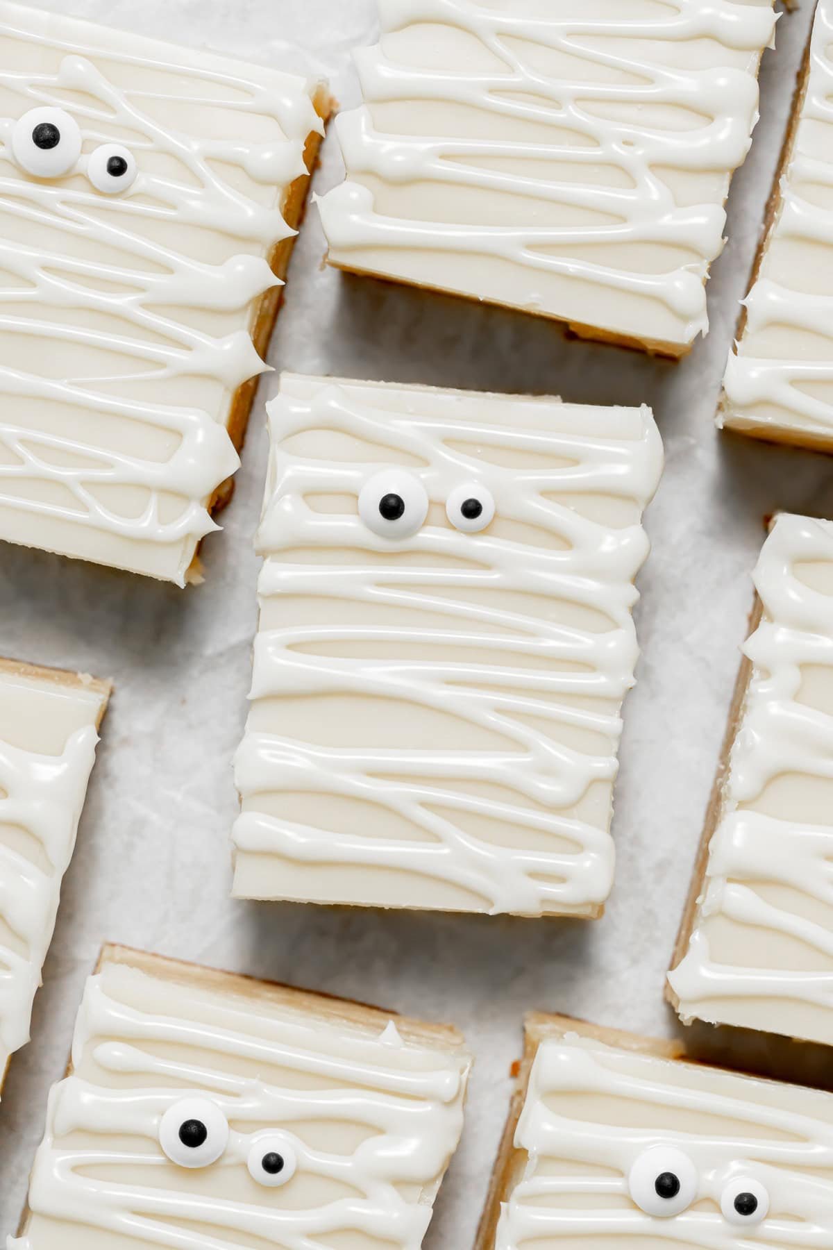 mummy white chocolate brownies on parchment paper.
