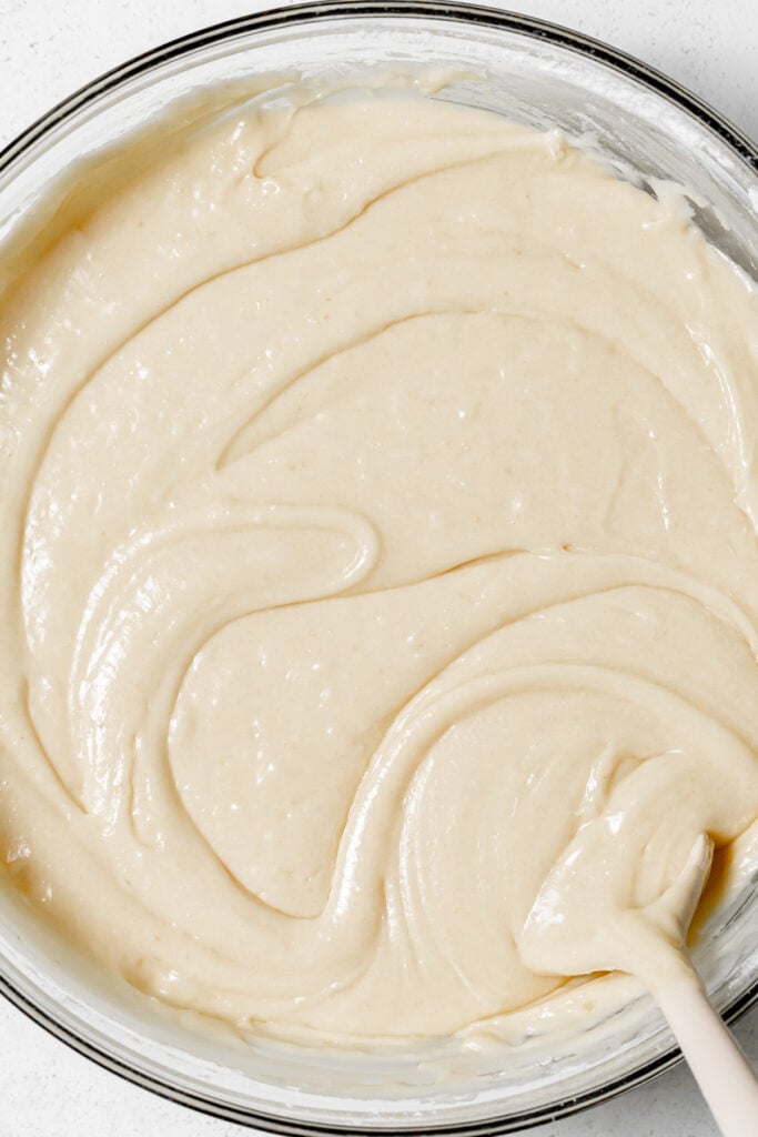 white chocolate brownie batter in bowl.